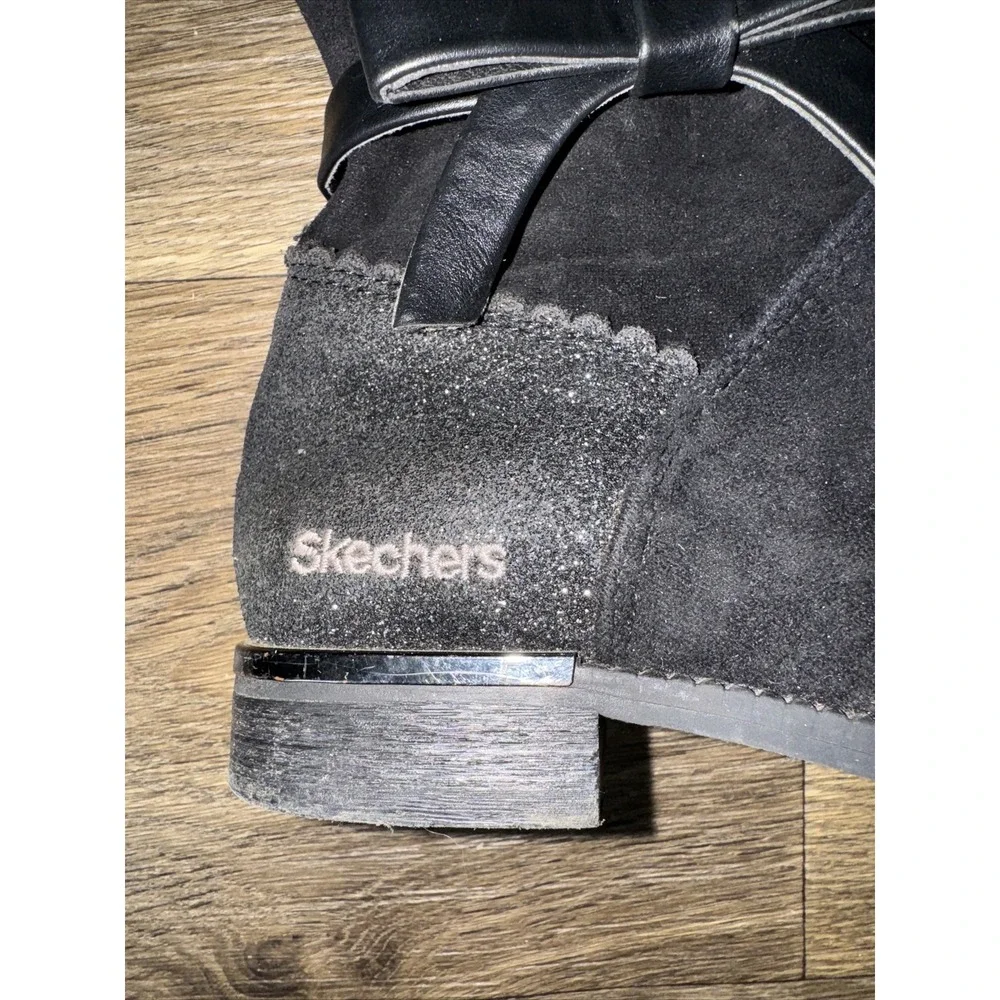 Skechers Boots Glitter Bow Zipper MidCalf Logo  Black Floral Lining Girls Sz 2